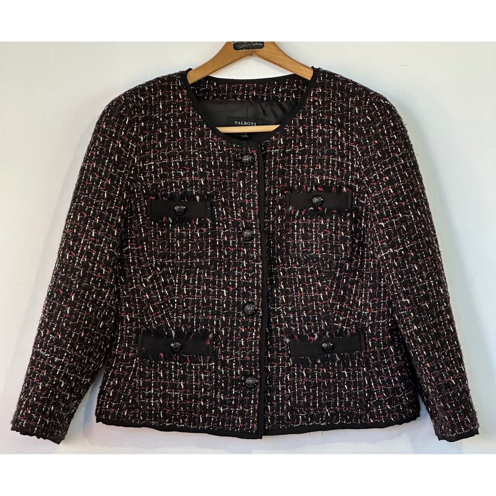 Talbots Tweed Jacket Blazer Wool Blend Collarless Womens 12 Black Excellent